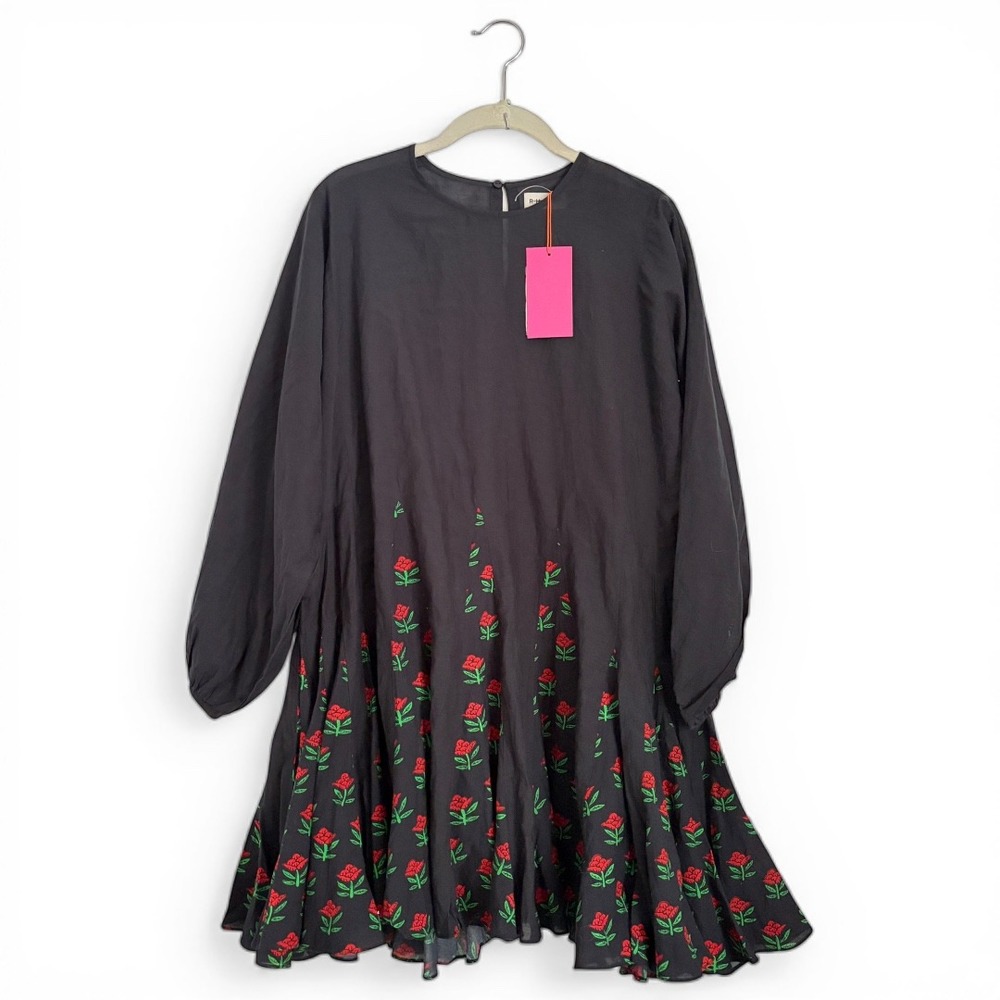 RHODE Black Mini Dress with Red & Green Floral Print